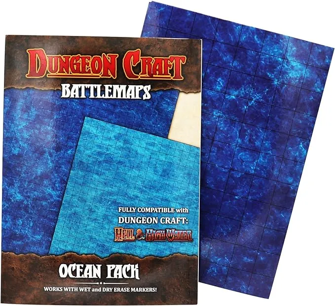 DUNGEON CRAFT Battlemaps Board Game, Battle Mat for Dungeons and Dragons, Double-Sided Gloss Laminated DND Mat, Wet and Dry Erase Board, Table Top Games (Ocean Pack, 24"x33"/1" Grid)