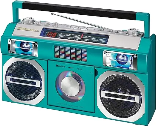 Studebaker Vintage Turquoise 80's Retro Street Bluetooth Wireless Streaming Boombox Rechargeable Battery, CD/MP3 Player, AM/FM, USB, Multi Color LED EQ, Dual Full-Range High Bass Speakers & AC/DC -