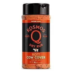 Kosmos Q Cow Cover HOT BBQ Rub | Savory & Spicy Blend | Great on Brisket, Steak, Ribs & Burgers | Best Barbecue Rub | Meat Seasoning & Spice Dry Rub | 10.5 oz Shaker Bottle