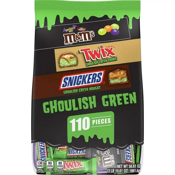 M&M's, Snickers, and Twix Ghoulish Green Assorted Milk Chocolate Halloween Candy Bag (110 pc.) 1 bag 110 Count (Pack of 1)