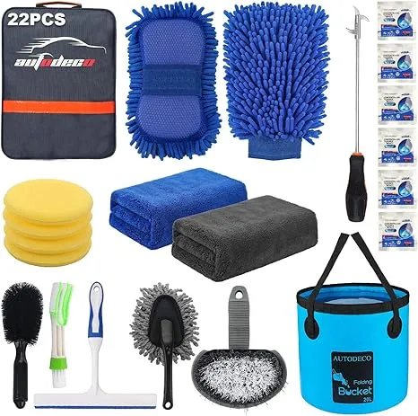 Autodeco 22Pcs Car Wash Cleaning Tools Kit Car Detailing Set with Blue Canvas Bag Collapsible Bucket Wash Mitt Sponge Towels Tire Brush Window Scraper