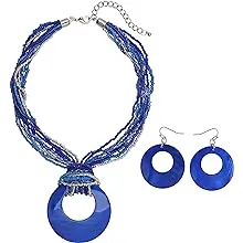 Coiris Multi Strand Statement Colorful Beaded Necklace with Big Circle Shell Pendant for Women