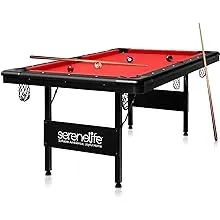 Portable 6 Ft. Pool Table - Compact Design with 18 Aiming Points, Low Friction Surface, Space Saving, Adjustable Feet, Locking Leg Safety, and Complete Accessory Kit - SereneLife SLPO730 , Red