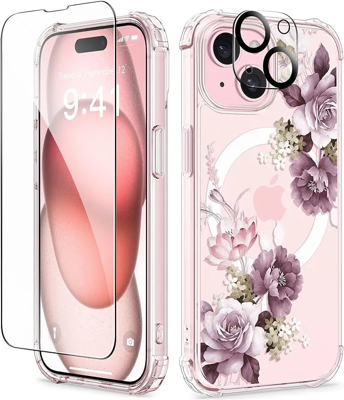 GVIEWIN Designed for iPhone 15 Case 6.1", Compatible with MagSafe, [Screen Protector + Camera Protector] [MIL-Grade Protection] Magnetic Floral Clear Shockproof Women Cover (Magnolia/White)