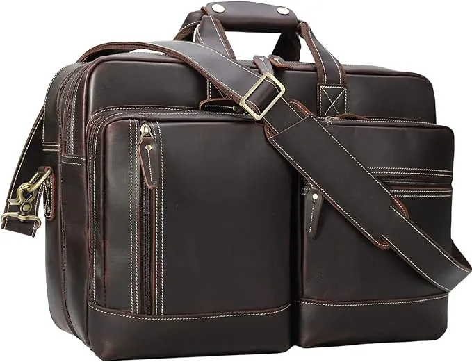 Leather Briefcase for Men Expandable Large 17 Inch Laptop Crossbody Shoulder Bag Business Travel Duffel Attache Case