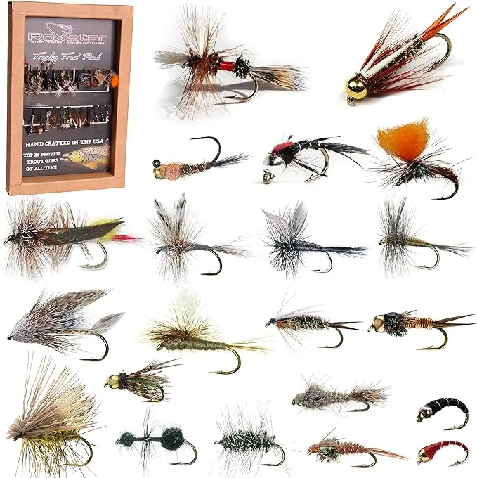 RoxStar Fly Shop Trophy Trout 24pk | Top Wet & Dry Flies for Trout. | Trout Flies Proven Nationwide to Catch Fish! | Tied in-House Never Outsourced! Proud Partner of Trout Unlimited