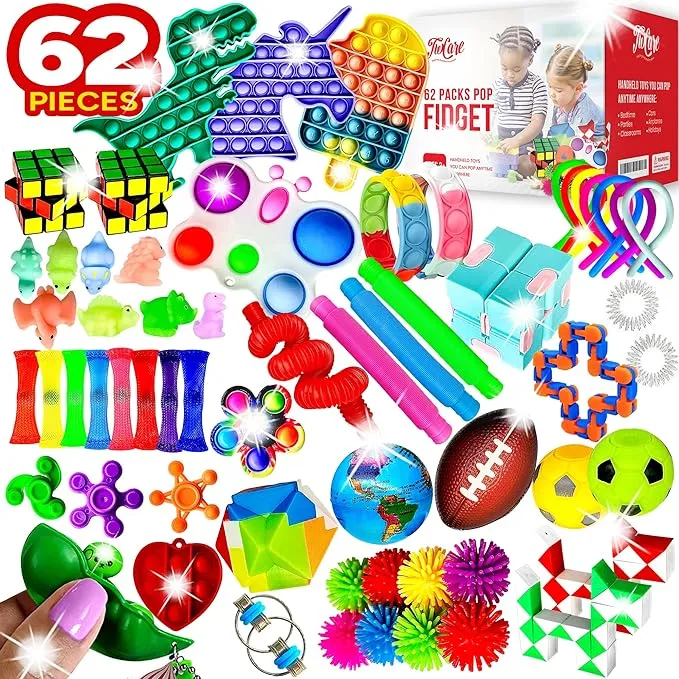 62 Pack Fidget Toys Set, Sensory Party Favors Gifts for Kids Adults Stress Relief Stocking Stuffers Pop It Autism Autistic Bulk Boys Girls Goodie Bags Treasure Box Classroom Prizes