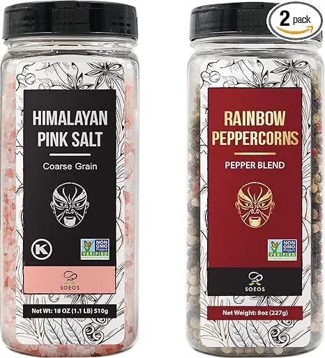 Soeos Himalayan Pink Salt and Rainbow Peppercorn Grinder Refills, 18oz Salt & 8oz Peppercorns, Kosher Seasoning Set for Cooking