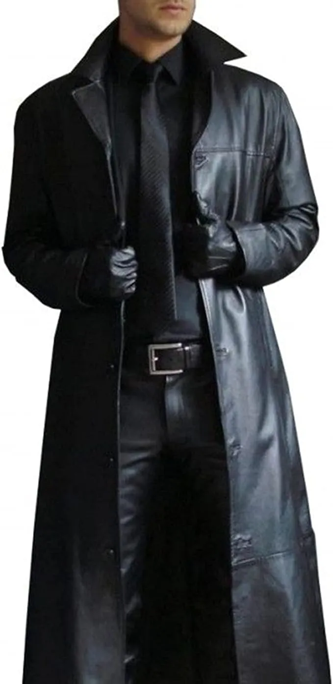 Mens Leather Trench Coat Full Length Black Classic Faux Leather Long Coat