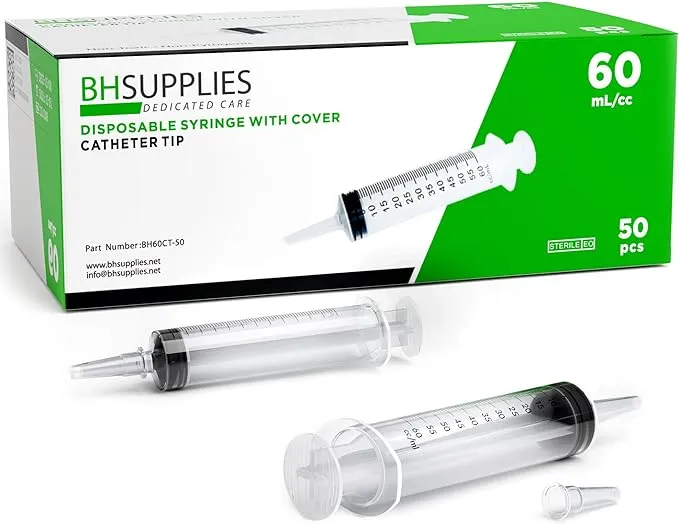 BH Supplies 60mL Syringe Catheter Tip Sterile with Caps - (No Needle) - Sterile, Individually Wrapped - 50 Syringes