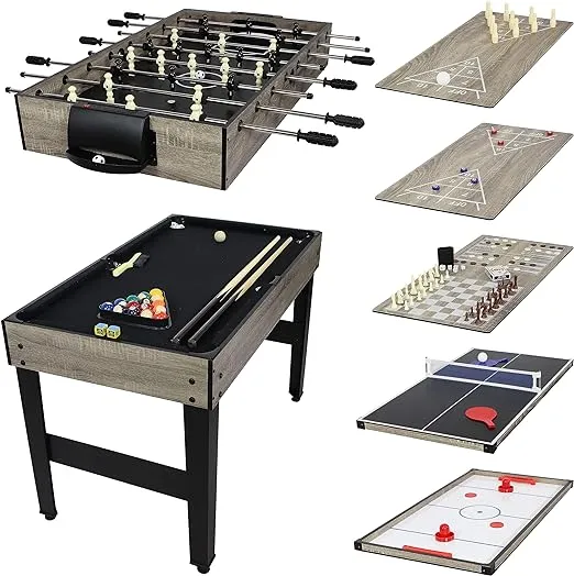 Sunnydaze Indoor Multi-Game Table with Billiards, Push Hockey, Foosball, Ping Pong, Bowling, and More - Classic Wood Stain