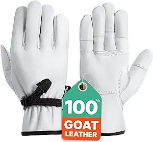 NoCry Leather Work Gloves with Reinforced Palms and Fingers and Adjustable Wrists; Made with 100% Goat Leather; Great Gardening Gloves for Men and Women; Tough Enough for Construction Work Too, Large