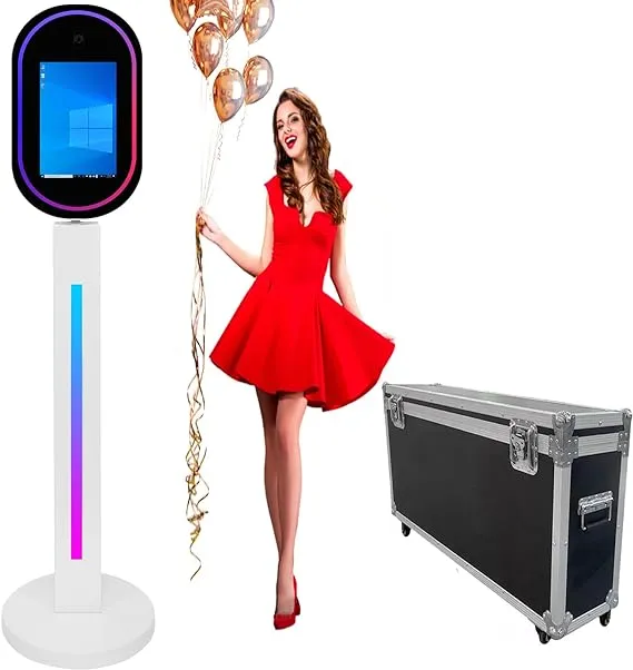 Mirror Photo Booth with Camera and APP Software Magic Selfie Station Shell Stand Photobooth Machine Touch Screen with Ring Light and Trolley Flight Case for Events Wedding Rental Christmas