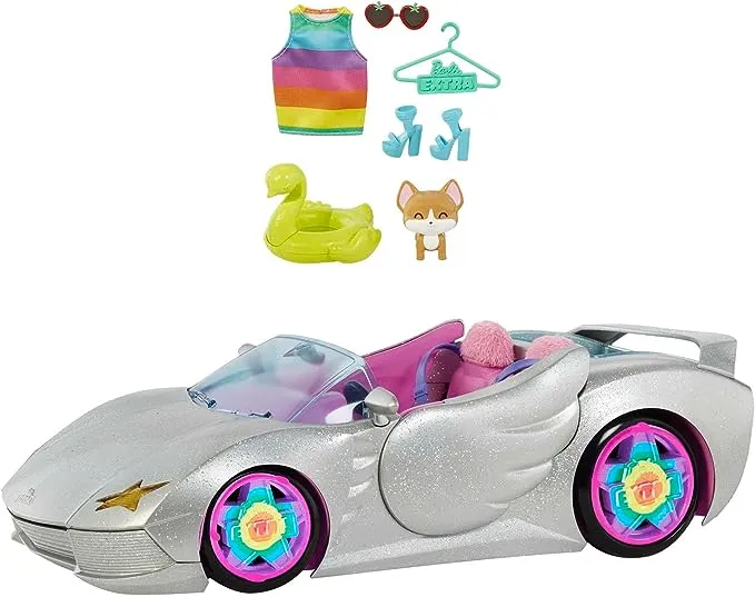 Barbie Extra Toy Car with Fashion Accessories & Puppy, Sparkly Silver 2-Seater Convertible with Hood Storage & Pet Pool, Sized for Fashion Dolls