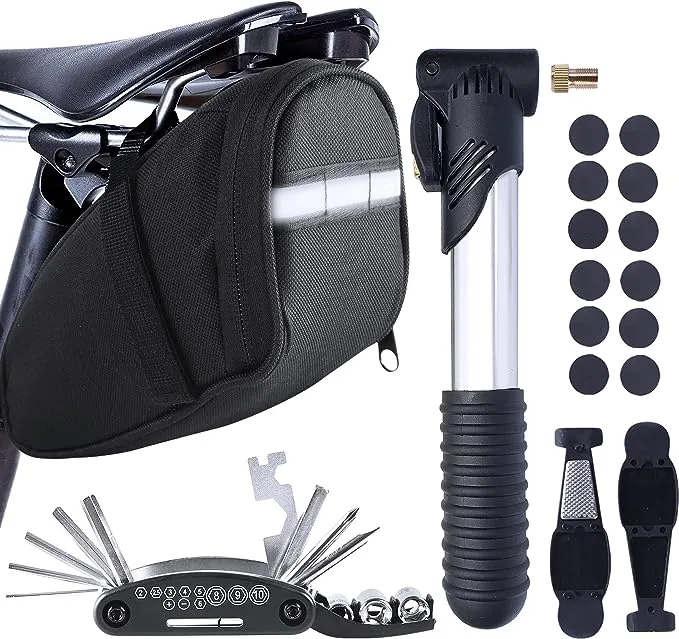 MASPODER Bike Repair Kit, Bike Tire Tool Kit with Mini Pump, Saddle Bag,