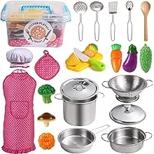 Juboury Kitchen Pretend Play Toys with Stainless Steel Cookware Pots and Pans Set, Cooking Utensils, Apron & Chef Hat, Cutting Vegetables for Kids, Girls, Boys, Toddlers