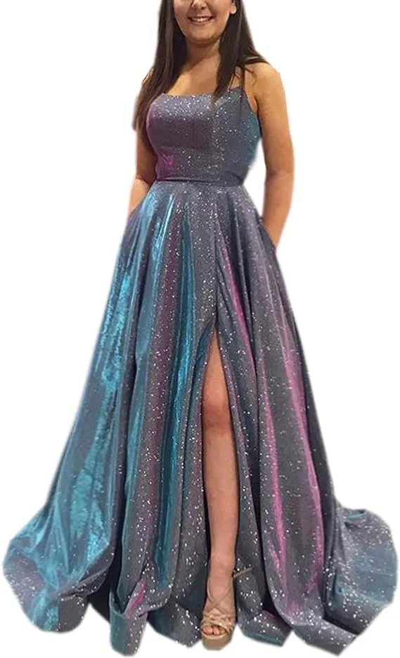 Prom Dresses Long A Line with Pockets Formal Evening Ball Gowns Side Slit Glitter Party Dress