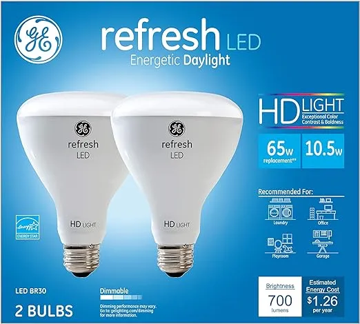 GE Refresh LED Indoor Floodlight Bulbs, HD Light, 10.5 Watt (65 Watt Equivalent) Daylight, Medium Base, Dimmable (2 Pack)