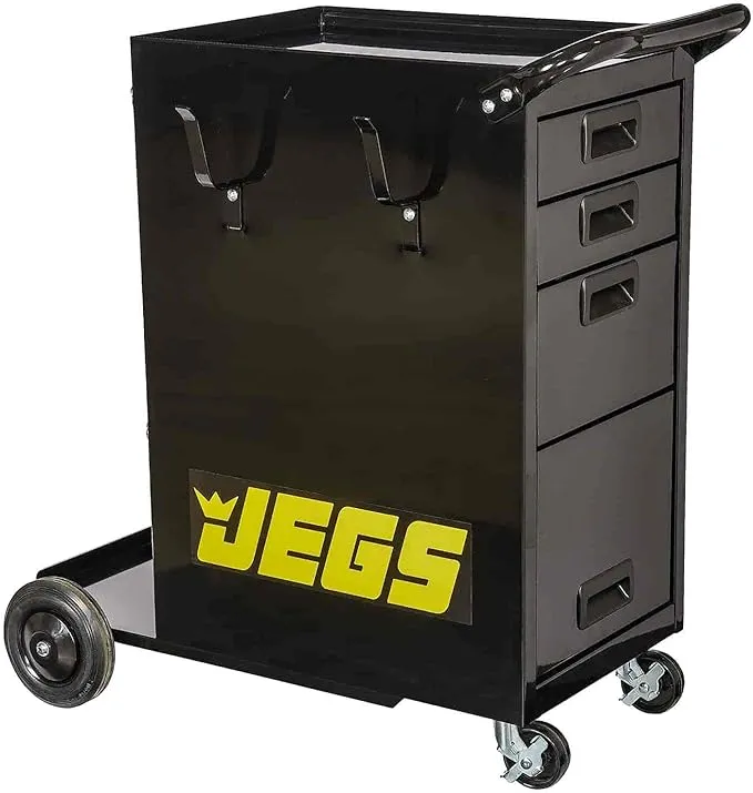 JEGS Welding Cart with Drawers and Welding Tank Platform - Fits Most MIG, TIG, ARC Welding Machines, Plasma Cutter - Steel Constructed and Black Powder Coat Finished Welding Table with Locking Wheels