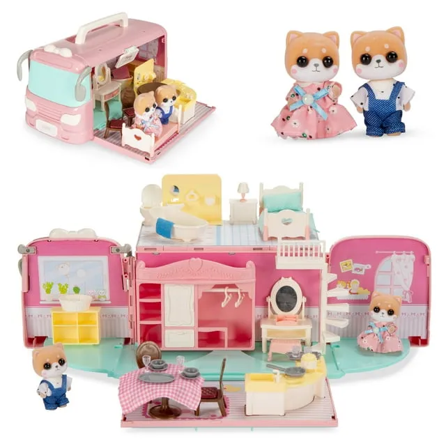 Best Choice Products Camper Van Playset Pretend Play Dollhouse Toy with 54 Accessories and Tiny Critters for Kids