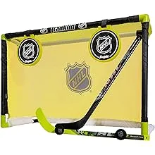 Franklin Sports Mini Hockey Goal Set - Indoor Knee Hockey Goal + (2) Shinny Hockey Sticks - (2) Mini Foam Hockey Balls + Pop Out Shooting Targets - All Star, Yellow, 32" X 21" X 12"