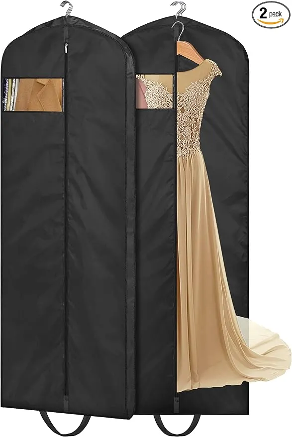 MISSLO 65" Long Garment Bags for Travel Dress Bags Wedding Dress Cover Waterproof Clothing Bags Storage Traveling Clothes Protector for Closet Wardrobe Bags 2 Packs for Gowns, Tuxedos, Coats, Black