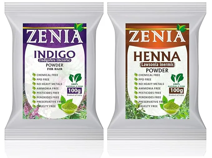 Zenia 100% Pure Indigo Powder and Henna Powder Hair Color Combo Kit | for Coloring Hair and Beard Black | 100 Grams Each | All Natural, Chemical Free, PPD-free, Ammonia-free