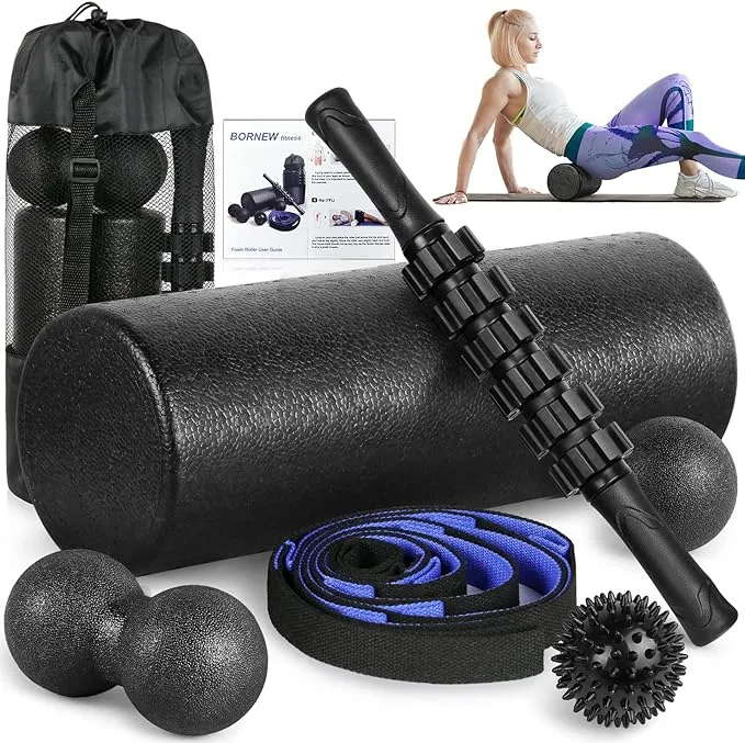 Foam Roller Set - High Density Back Roller, Muscle Roller Stick,2 Foot Fasciitis Ball, Stretching Strap, Peanut Massage Ball for Whole Body Physical Therapy & Exercise, Back Pain, Leg, Deep Tissue