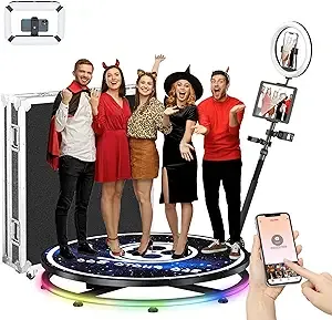 360 Photo Booth with Flight Case Extra Free Battery Pack+Power Bank+Ring Light+Free Custom Logo,YCKJNB 360 Photo Booth Machine with Software Wireless Control Automatic Spin for 5-7 People(39.4"/100CM)