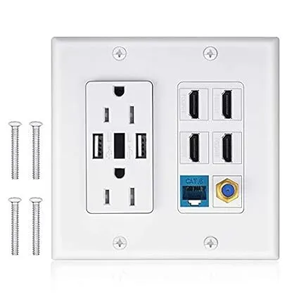 USB Outlet Wallplate,15A 2 Power with Dual 3.6A USB Charger Port Wall Plate with LED Lighting, 4 HDMI HDTV + 1 CAT6 RJ45 Ethernet + Coaxial Cable TV F Type Keystone Face Plate White