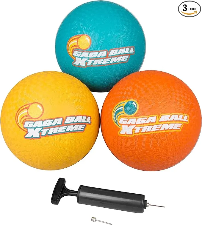 SCS Direct Gaga Playground Balls 3pk (8.5 inches) w Air Pump- Durable Rubber Pack for Dodgeball, Kickball, Gagaball Official Play and School - Fun Outdoor Toys and Accessories Gift for Kids