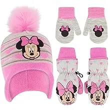 Disney Girls Toddler Winter Hat with Knit and Insulated Ski Mitten Set, Minnie Mouse For Ages 2-4