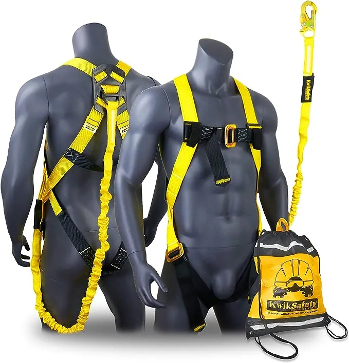 KwikSafety (Charlotte, NC) Scorpion Safety Harness w/Attached 6ft. Tubular Lanyard on Back | Osha ANSI Fall Protection | Interna