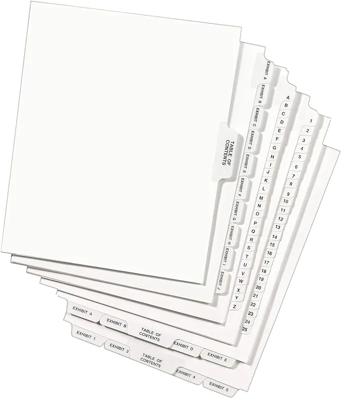 Avery Legal Exhibit Binder Dividers, Preprinted A-Z and Table of Contents Side Tabs, Unpunched Letter Size, 1 Set Collated, 4 Sets per Pack (11374)