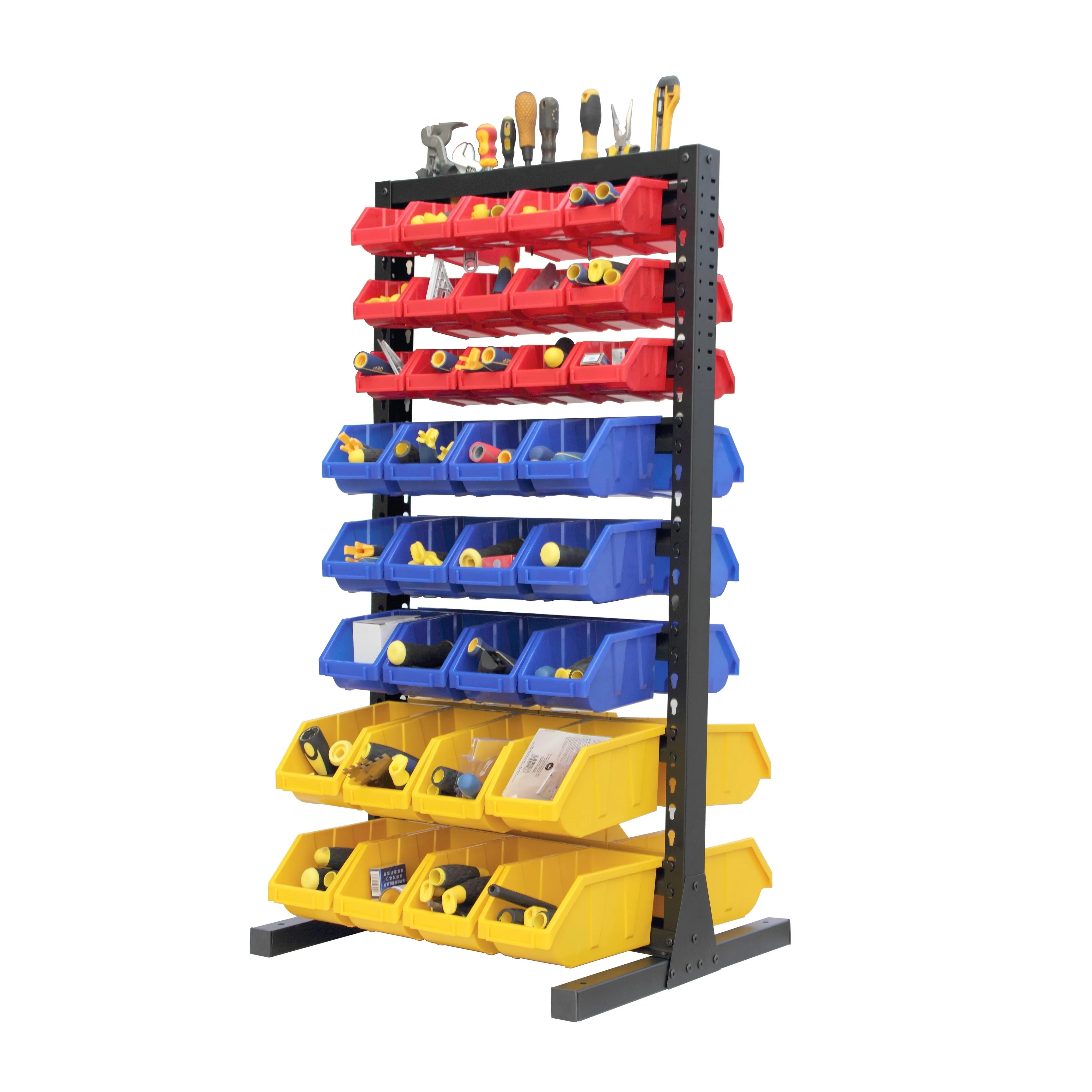 King's Rack Hanging Bin Rack Storage System Heavy Duty Steel Rack Organizer Shelving Unit w/ 70 Plastic Bins in 8 tiers.