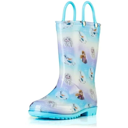 Disney Frozen 2 Girls Anna, Elsa and Olaf PVC Waterproof Licensed Rain Boots Easy-On Handles - Pink and Purple - Toddler and Little Kid