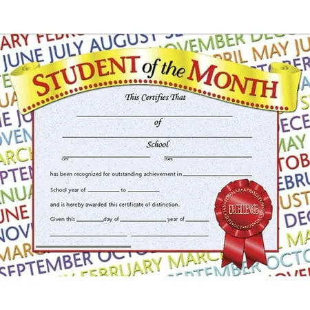 Hayes Student of the Month Certificate 11 x 8-1/2 Inches Paper Pack of 30 Months and Red Ribbon Design