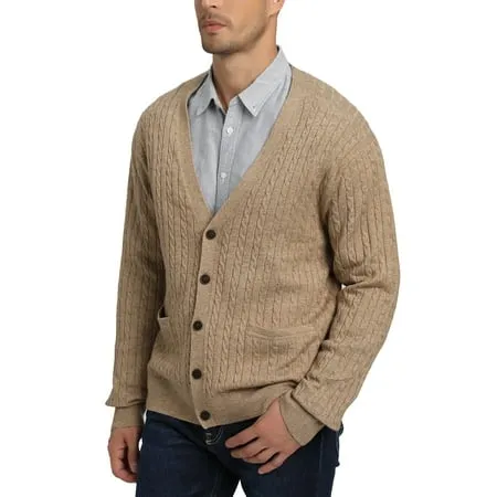 Kallspin Men’s Wool Blend V-Neck Cable-Knit Cardigans Sweaters (Coffee X-Large)