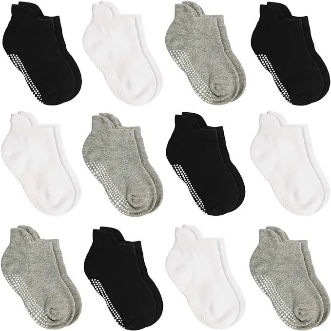 ShoppeWatch 12 Pairs Baby Toddler Socks with Grips Anti-Slip Non-Skid Bottoms For Kids Infant Babies Boys 2T and 3T Walkers BB45B