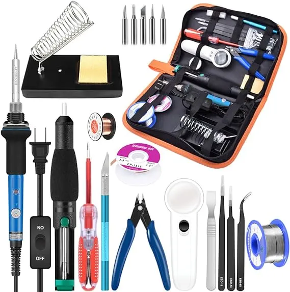 Soldering Iron Kit Electronics, 21-in-1, 60W Adjustable Temperature Soldering Iron, 5pcs Soldering Iron Tips, Soldering Iron Stand, Desoldering Pump, Magnifier, Solder Wire, Tweezer, PU Carry Bag