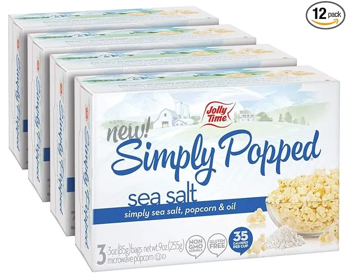 Jolly Time Simply Popped, Vegan, Dairy Free Microwave Popcorn, 3oz Sharing Bag, 3 Bags Per Carton (Simply Popped Sea Salt, 3 Ounce (Pack of 12))