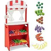 INFANS Grocery Store Marketplace Toy for Kids, Wooden Market Stand Pretend Play Set with 36 Cutting Vegetables Fruits Pieces