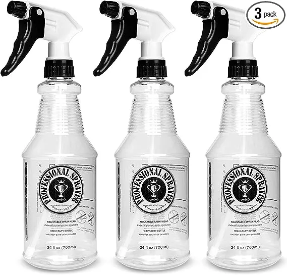 Plastic Spray Bottle (24oz 3 Pack) for Cleaning Solutions, Car Detailing Care, Planting, Pet, Clear Finish, Heavy Duty Empty Spraying Bottles Mist Water Sprayer with Measurements & Adjustable Nozzle