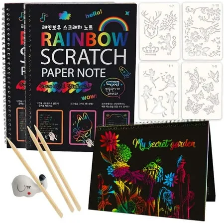 Htooq 3 Pack Rainbow Scratch Art Note Books