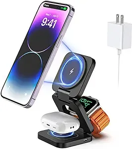 Fast Wireless Charger, Magnetic Foldable 3 in 1 Charging Station for iPhone 16/15/14/13/12/Pro/Plus/Pro Max, 5W Portable Charger for Apple Watch9/8/7/6/5/4/3/SE, for Airpods3/2/Pro-Gray