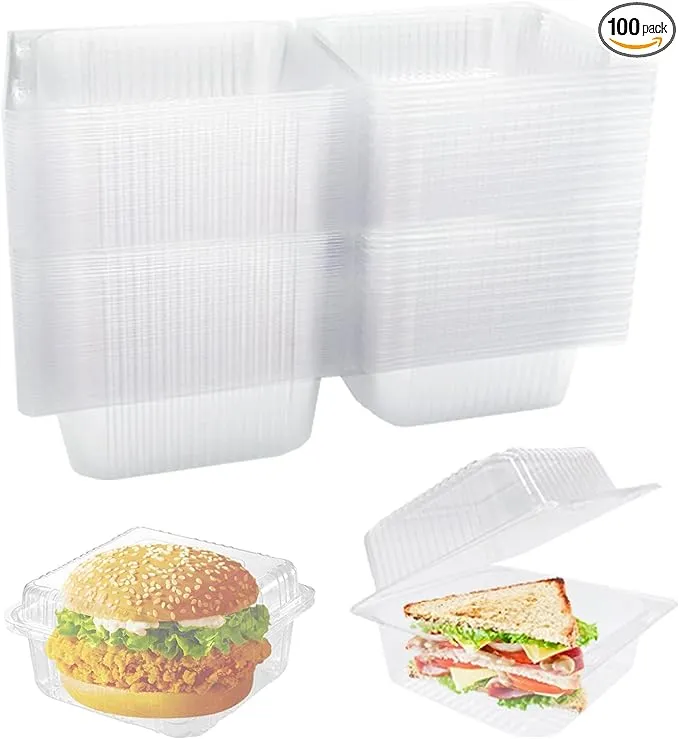 100Pack Clear Plastic Hinged Food Containers,Clear Plastic Square Take Out Containers,Disposable Clamshell Dessert Trays Holders Boxes for Sandwich,Cake,Dessert,Hamburger,Salad,5.1 x 4.7 x 2.8 Inch