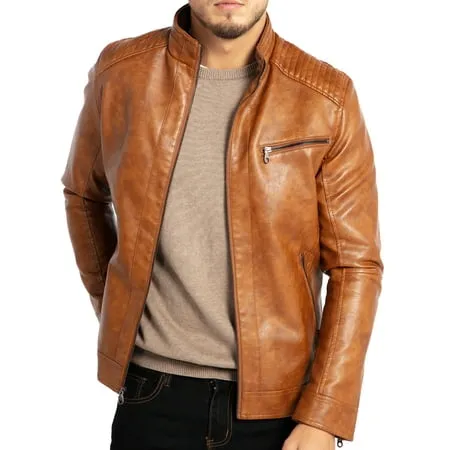 Fahsyee Faux Leather Jacket Men - Black Bomber Jackets Motorcycle Stand Collar Lightweight Zip-Up Slim Fit Biker Coat