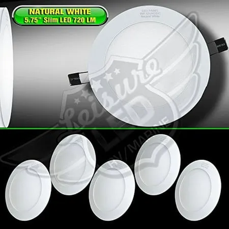 5 Pack Leisure LED RV Boat Recessed Ceiling Light 720 Lumen Super Slim LED Panel Light DC 12V 5.75" 9W Full Aluminum Downlights (Natural White)