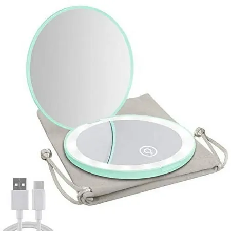 Milishow Compact Mirror with LED Light 1x/10x Magnifying Rechargeable Mirror Dimmable Travel Mirror for Purse Handbag Pocket Handheld 2-Sided Makeup Mirror (Cyan)