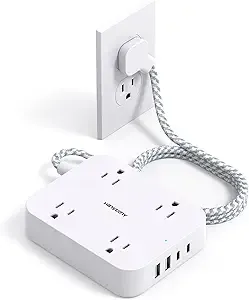 Flat Plug Extension Cord, 5ft Power Strip with 4 USB Ports(2 USB C), 4 Widely Outlets Extender, Wall Mount, Desk Charging Station for Office, School, Travel and Dorm Room Essentials, ETL Listed